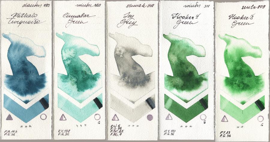 Daniel Smith 080 Phthalo Turquoise, Winsor & Newton Professional 420 Cinnabar Green, Shminke Akademie Aquarell 918 Icy Grey, 311 Hookers Green, Sennelier l Aquarelle 809 Hookers Gre watercolor swatch