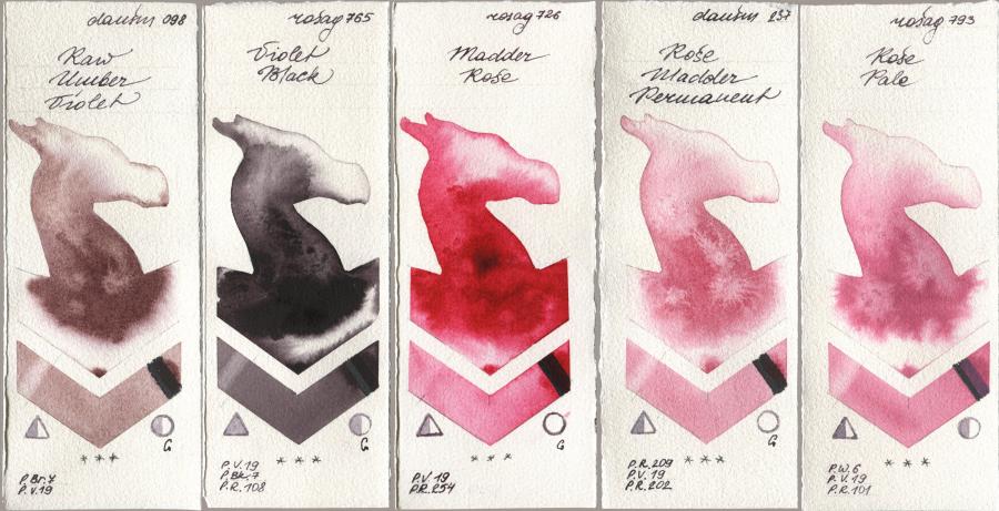 Daniel Smith 098 Raw Umber Violet, Rosa Gallery 765 Violet Black, 726 Madder Rose, 237 Rose Madder Permanent, 793 Rose Pa watercolor swatch