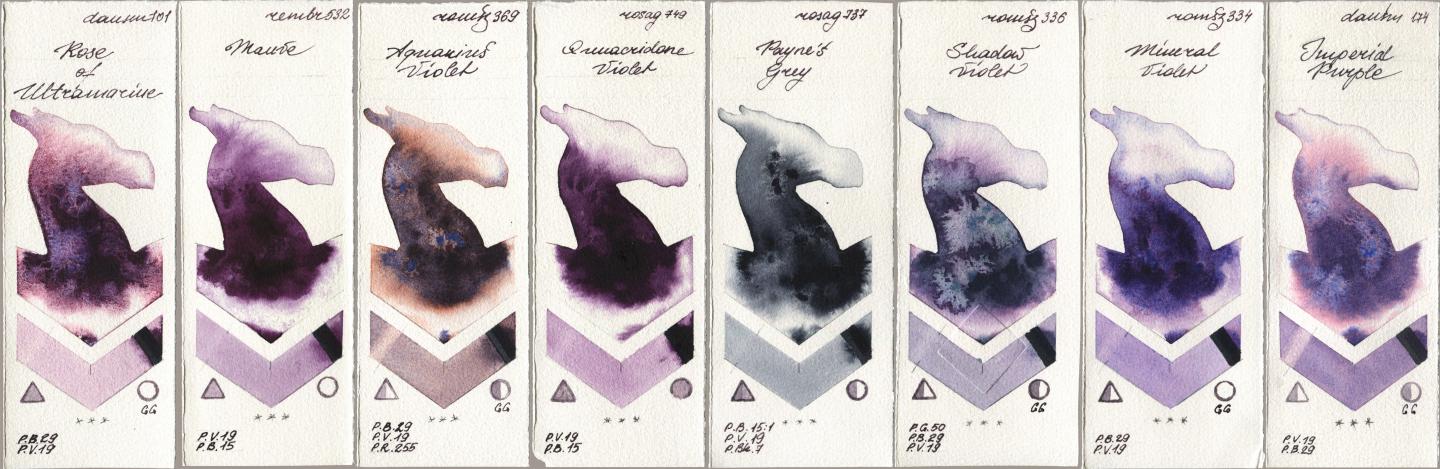 Daniel Smith 101 Rose of Ultramarine, Royal Talens Rembrandt Watercolour 532 Mauve, Roman Szmal Aquarius 369 Aquarius Violet, Rosa Gallery 749 Quinacridone Violet, 737 Paynes Grey, 336 Shadow Violet, 334 Mineral Violet, 174 Imperial Purp watercolor swatch