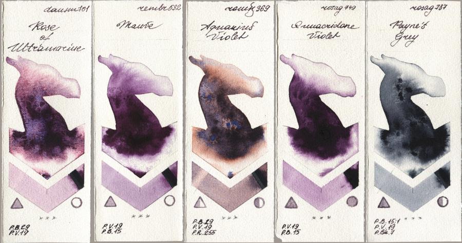 Daniel Smith 101 Rose of Ultramarine vs Royal Talens Rembrandt Watercolour 532 Mauve vs Roman Szmal Aquarius 369 Aquarius Violet vs Rosa Gallery 749 Quinacridone Violet vs 737 Paynes Grey watercolor swatch