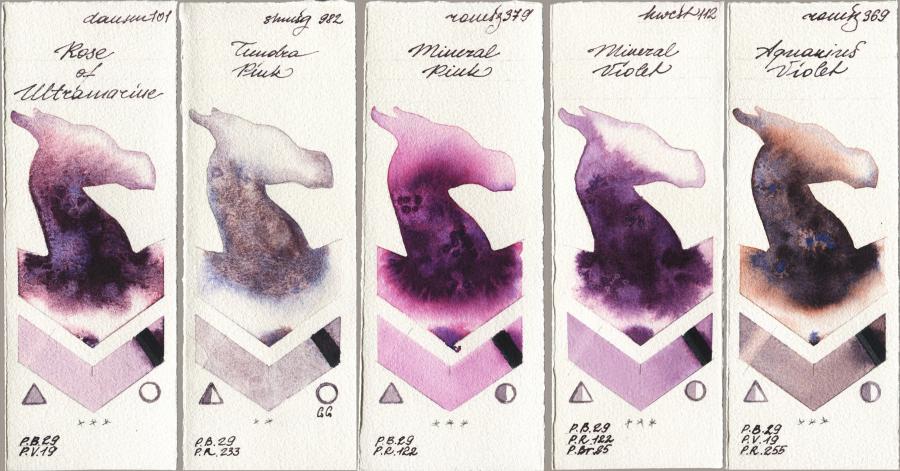 Daniel Smith 101 Rose of Ultramarine vs Shminke Horadam Aquarell 982 Tundra Pink vs Roman Szmal Aquarius 379 Mineral Pink vs Holbein Artists Watercolor 112 Mineral Violet vs 369 Aquarius Violet watercolor swatch