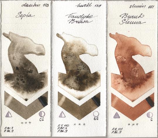 Daniel Smith 103 Sepia, Holbein Artists Watercolor 139 Vandyke Brown, Shminke Horadam Aquarell 661 Burnt Sien watercolor swatch