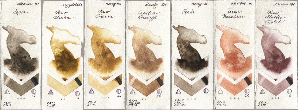 Daniel Smith 103 Sepia, Mijello Mission Gold 563 Raw Umber, Rosa Gallery 721 Raw Sienna, Shminke Horadam Aquarell 981 Tundra Orange, 720 Sepia, 117 Terre Ercolano, 098 Raw Umber Viol watercolor swatch