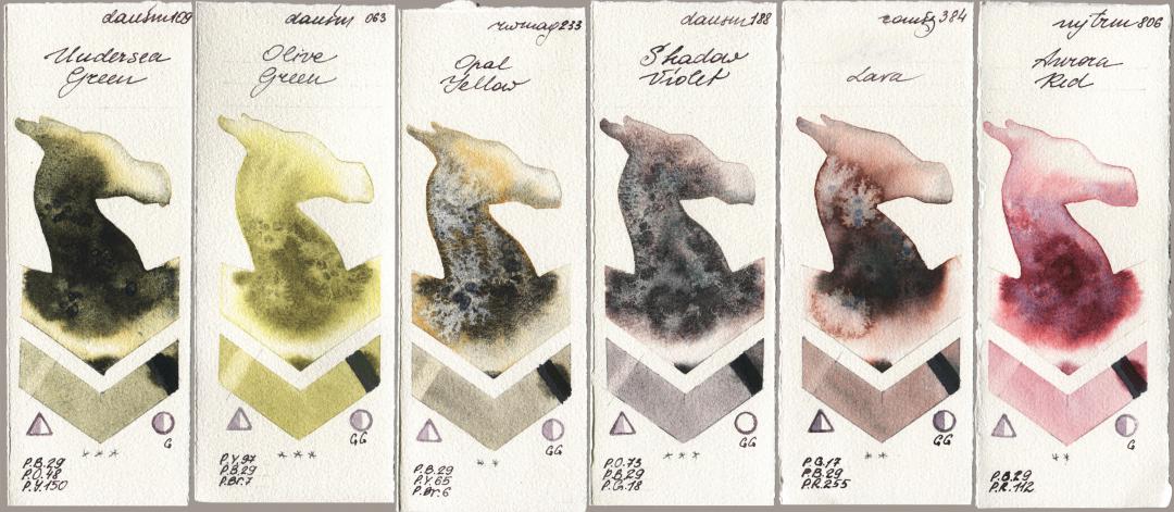 Daniel Smith 109 Undersea Green, 063 Olive Green, Rockwell 233 Opal Yellow, 188 Shadow Violet, Roman Szmal Aquarius 384 Lava, Mijello Mission Gold 806 Aurora R watercolor swatch