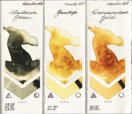 Daniel Smith 109 Undersea Green vs Royal Talens Rembrandt Watercolour 238 Gamboge vs 238 Quinacridone Gold watercolor swatch