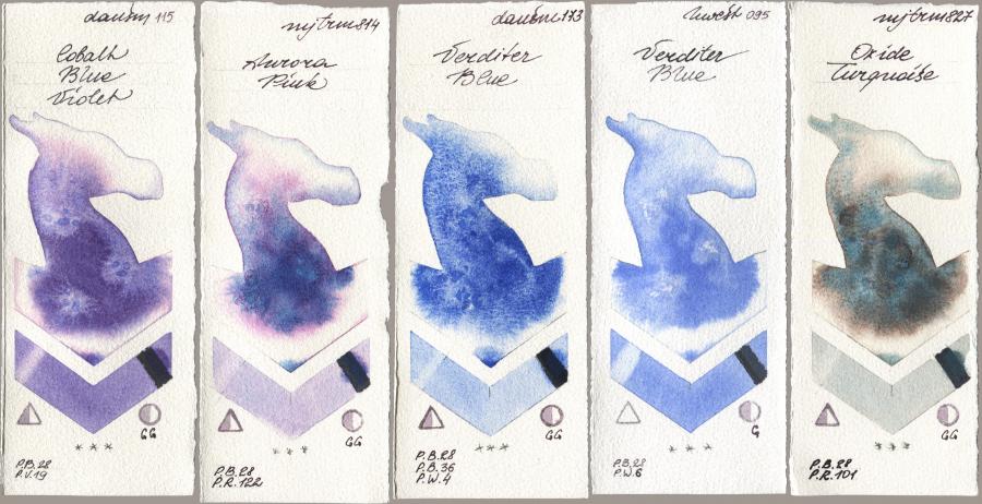 Daniel Smith 115 Cobalt Blue Violet, Mijello Mission Gold 814 Aurora Pink, 173 Verditer Blue, Holbein Artists Watercolor 095 Verditer Blue, 827 Oxide Turquoi watercolor swatch