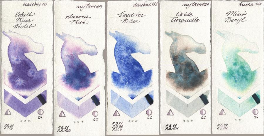 Daniel Smith 115 Cobalt Blue Violet, Mijello Mission Gold 814 Aurora Pink, 173 Verditer Blue, 827 Oxide Turquoise, Kusakabe 007 Mint Ber watercolor swatch