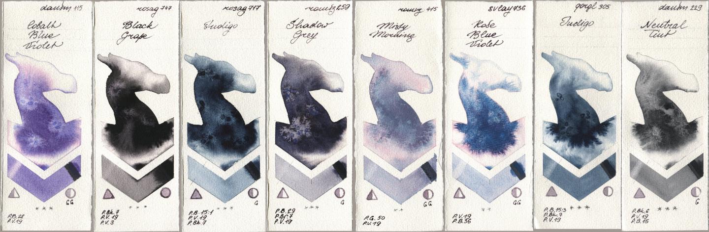 Daniel Smith 115 Cobalt Blue Violet, Rosa Gallery 747 Black Grape, 717 Indigo, Roman Szmal Aquarius 259 Shadow Grey, 415 Misty Morning, SuperVision 736 Rose Blue Violet, Golden QOR 305 Indigo, 229 Neutral Ti watercolor swatch