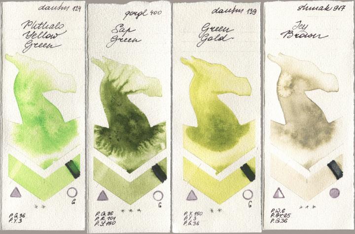 Daniel Smith 124 Phthalo Yellow Green, Golden QOR 400 Sap Green, 139 Green Gold, Shminke Akademie Aquarell 917 Icy Bro watercolor swatch
