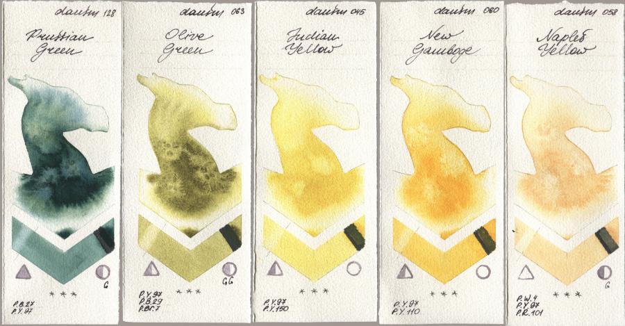 Daniel Smith 128 Prussian Green, 063 Olive Green, 045 Indian Yellow, 060 New Gamboge, 058 Naples Yell watercolor swatch