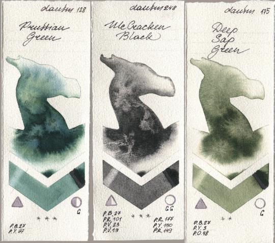 Daniel Smith 128 Prussian Green, 248 McCracken Black, 175 Deep Sap Gre watercolor swatch