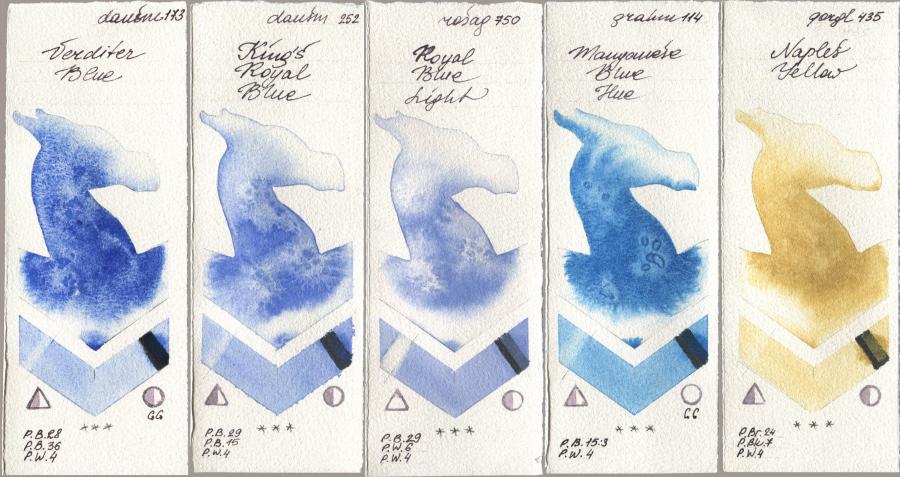 Daniel Smith 173 Verditer Blue, 252 King’s Royal Blue, Rosa Gallery 750 Royal Blue Light, M. Graham & Co. Artists 114 Manganese Blue Hue, Golden QOR 435 Naples Yell watercolor swatch
