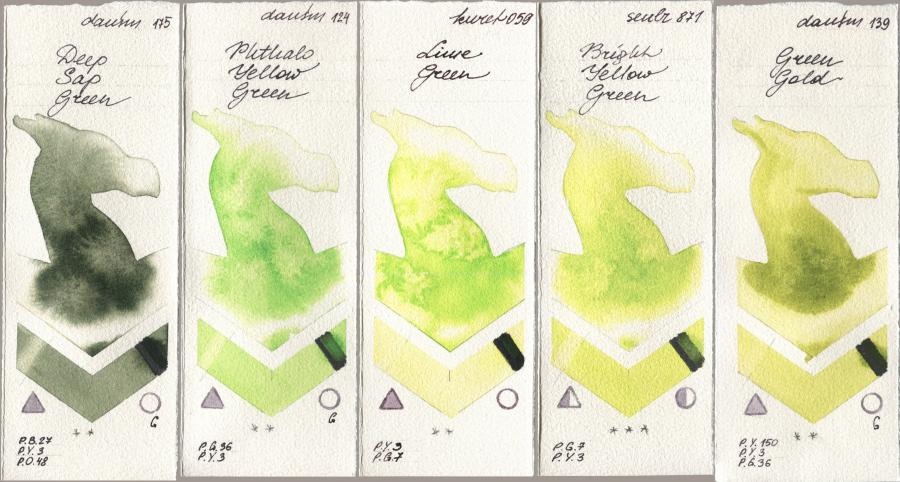 Daniel Smith 175 Deep Sap Green, 124 Phthalo Yellow Green, Kuretake Gansai Tambi 059 Lime Green, Sennelier l Aquarelle 871 Bright Yellow Green, 139 Green Go watercolor swatch