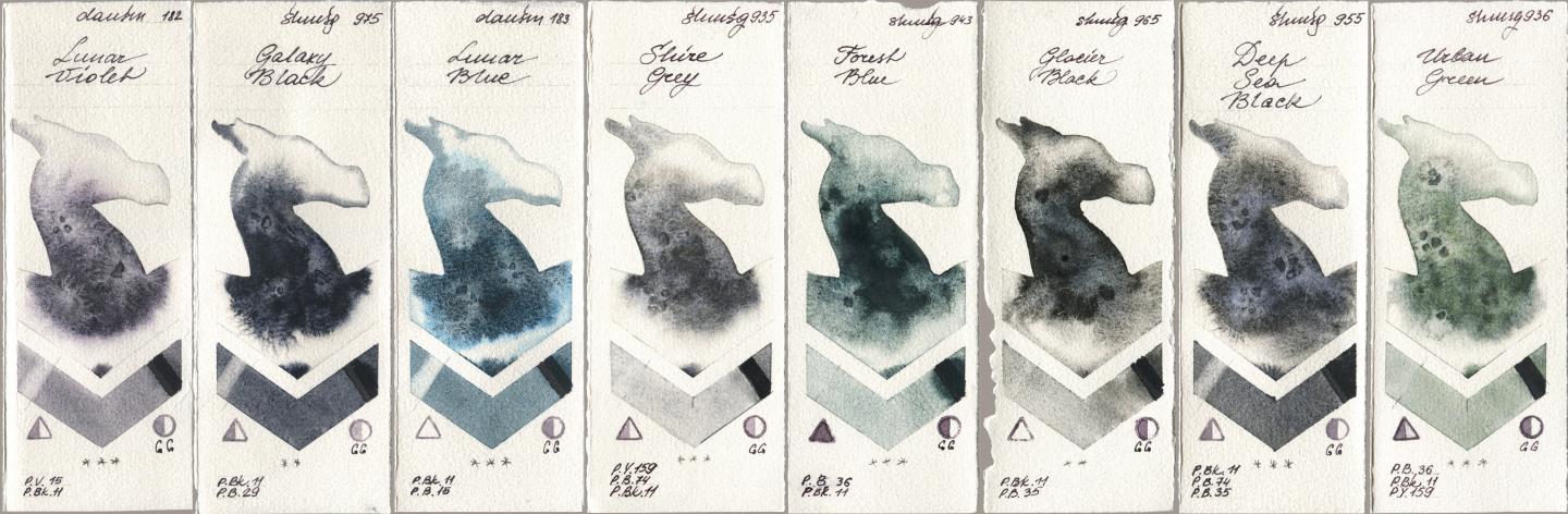 Daniel Smith 182 Lunar Violet, Shminke Horadam Aquarell 975 Galaxy Black, 183 Lunar Blue, 935 Shire Grey, 943 Forest Blue, 965 Glacier Black, 955 Deep Sea Black, 936 Urban Gre watercolor swatch