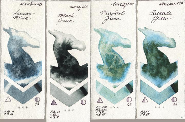 Daniel Smith 183 Lunar Blue, Rosa Gallery 760 Black Green, Holbein Artists Watercolor 524 Peafowl Green, 142 Cascade Gre watercolor swatch
