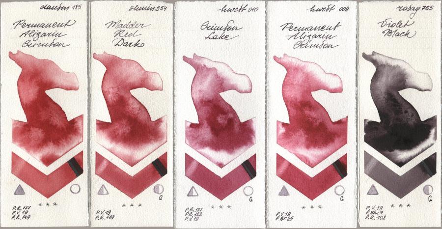 Daniel Smith 185 Permanent Alizarin Crimson, Shminke Horadam Aquarell 354 Madder Red Dark, Holbein Artists Watercolor 010 Crimson Lake, 009 Permanent Alizarin Crimson, Rosa Gallery 765 Violet Bla watercolor swatch