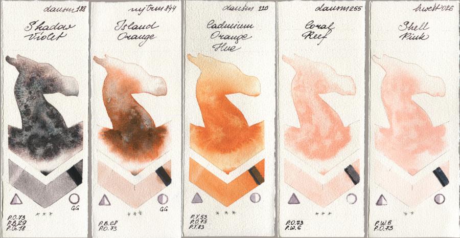 Daniel Smith 188 Shadow Violet, Mijello Mission Gold 844 Island Orange, 220 Cadmium Orange Hue, 255 Coral Reef, Holbein Artists Watercolor 026 Shell Pi watercolor swatch