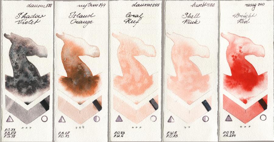 Daniel Smith 188 Shadow Violet vs Mijello Mission Gold 844 Island Orange vs 255 Coral Reef vs Holbein Artists Watercolor 026 Shell Pink vs Rosa Gallery 740 Bright Red watercolor swatch