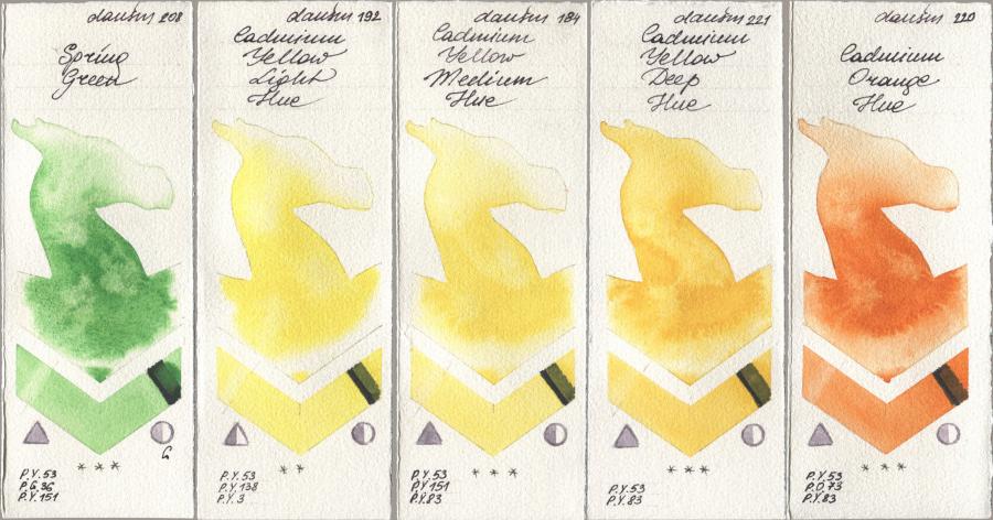 Daniel Smith 208 Spring Green, 192 Cadmium Yellow Light Hue, 184 Cadmium Yellow Medium Hue, 221 Cadmium Yellow Deep Hue, 220 Cadmium Orange H watercolor swatch