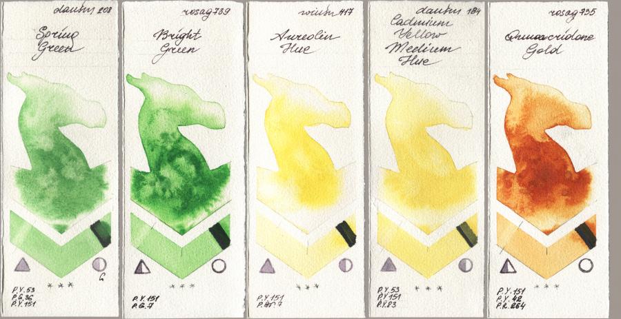 Daniel Smith 208 Spring Green, Rosa Gallery 739 Bright Green, Winsor & Newton Professional 417 Aureolin Hue, 184 Cadmium Yellow Medium Hue, 735 Quinacridone Go watercolor swatch