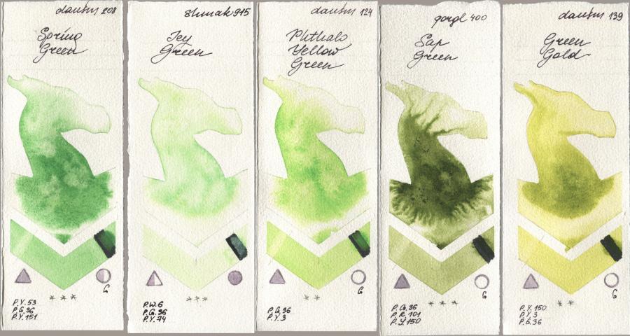 Daniel Smith 208 Spring Green, Shminke Akademie Aquarell 915 Icy Green, 124 Phthalo Yellow Green, Golden QOR 400 Sap Green, 139 Green Go watercolor swatch