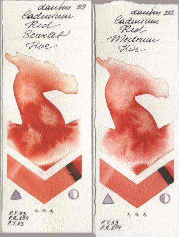 Daniel Smith 219 Cadmium Red Scarlet Hue, 222 Cadmium Red Medium H watercolor swatch