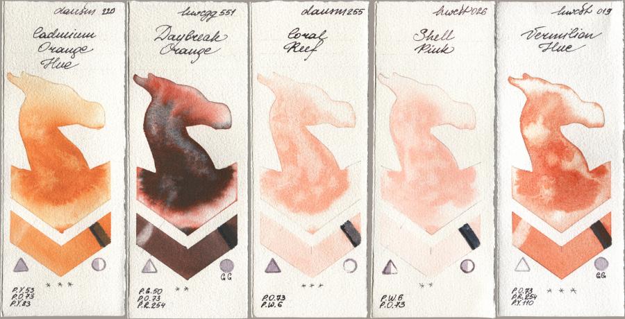 Daniel Smith 220 Cadmium Orange Hue, Holbein Artists Watercolor 551 Daybreak Orange, 255 Coral Reef, 026 Shell Pink, 019 Vermilion H watercolor swatch
