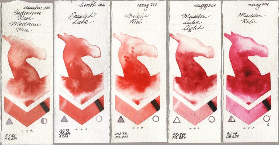 Daniel Smith 222 Cadmium Red Medium Hue, Holbein Artists Watercolor 022 Scarlet Lake, Rosa Gallery 740 Bright Red, Royal Talens Van Gogh Watercolour 327 Madder Lake Light, 726 Madder Ro watercolor swatch