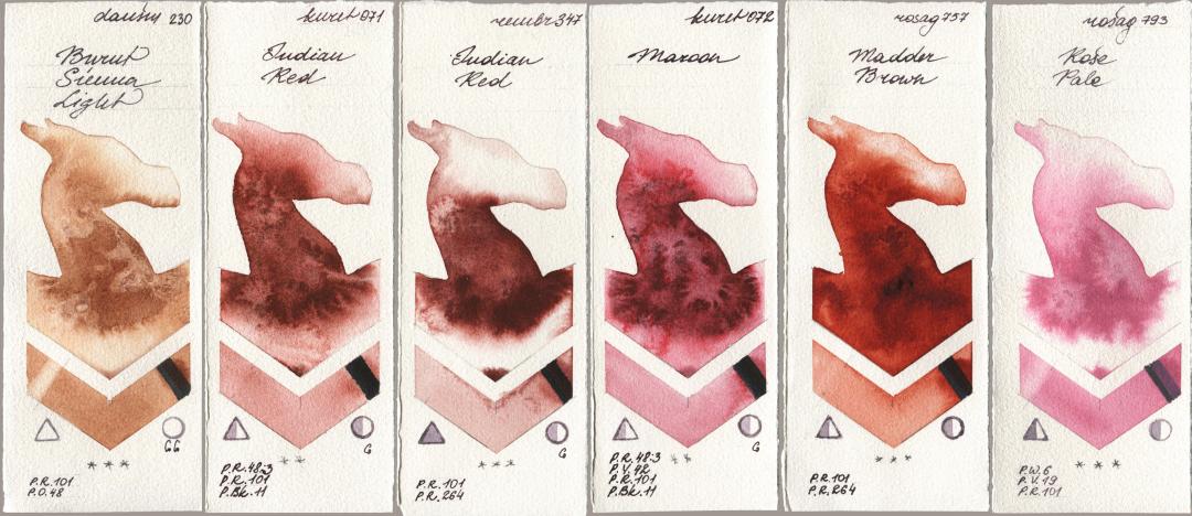 Daniel Smith 230 Burnt Sienna Light, Kuretake Gansai Tambi 071 Indian Red, Royal Talens Rembrandt Watercolour 347 Indian Red, 072 Maroon, Rosa Gallery 757 Madder Brown, 793 Rose Pa watercolor swatch
