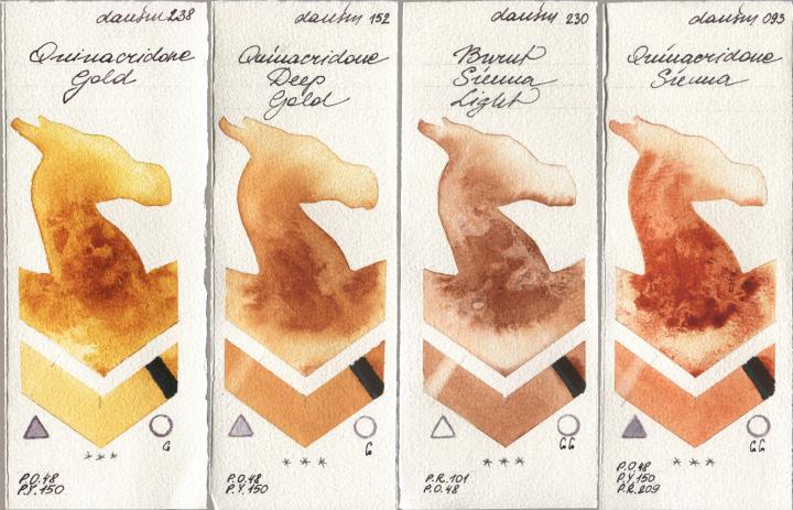 Daniel Smith 238 Quinacridone Gold, 152 Quinacridone Deep Gold, 230 Burnt Sienna Light, 093 Quinacridone Sien watercolor swatch