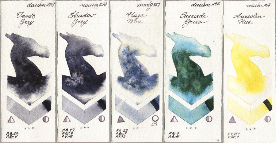 Daniel Smith 239 Janes Grey vs Roman Szmal Aquarius 259 Shadow Grey vs Shminke Horadam Aquarell 967 Haze Blue vs 142 Cascade Green vs Winsor & Newton Professional 417 Aureolin Hue watercolor swatch