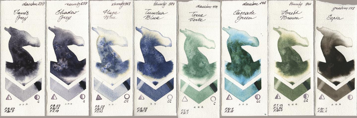 Daniel Smith 239 Janes Grey, Roman Szmal Aquarius 259 Shadow Grey, Shminke Horadam Aquarell 967 Haze Blue, 984 Tundra Blue, 104 Terre Verte, 142 Cascade Green, 944 Forest Brown, M. Graham & Co. Artists 178 Sep watercolor swatch
