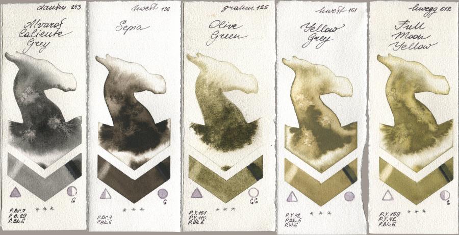 Daniel Smith 243 Alvaros Caliente Grey, Holbein Artists Watercolor 136 Sepia, M. Graham & Co. Artists 125 Olive Green, 151 Yellow Grey, 512 Full Moon Yell watercolor swatch