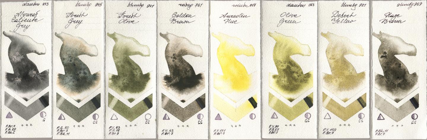 Daniel Smith 243 Alvaros Caliente Grey, Shminke Horadam Aquarell 945 Forest Grey, 941 Forest Olive, Rosa Gallery 761 Golden Brown, Winsor & Newton Professional 417 Aureolin Hue, 063 Olive Green, 921 Desert Yellow, 969 Haze Bro watercolor swatch