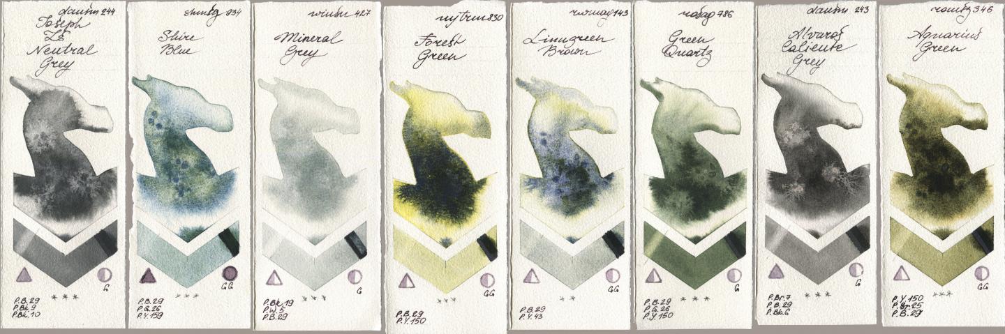 Daniel Smith 244 Joseph Zs Neutral Grey, Shminke Horadam Aquarell 934 Shire Blue, Winsor & Newton Professional 427 Mineral Grey, Mijello Mission Gold 830 Forest Green, Rockwell 143 Limugreen Brown, Rosa Gallery 786 Green Quartz, 243 Alvaros Caliente Grey, Roman Szmal Aquarius 346 Aquarius Gre watercolor swatch