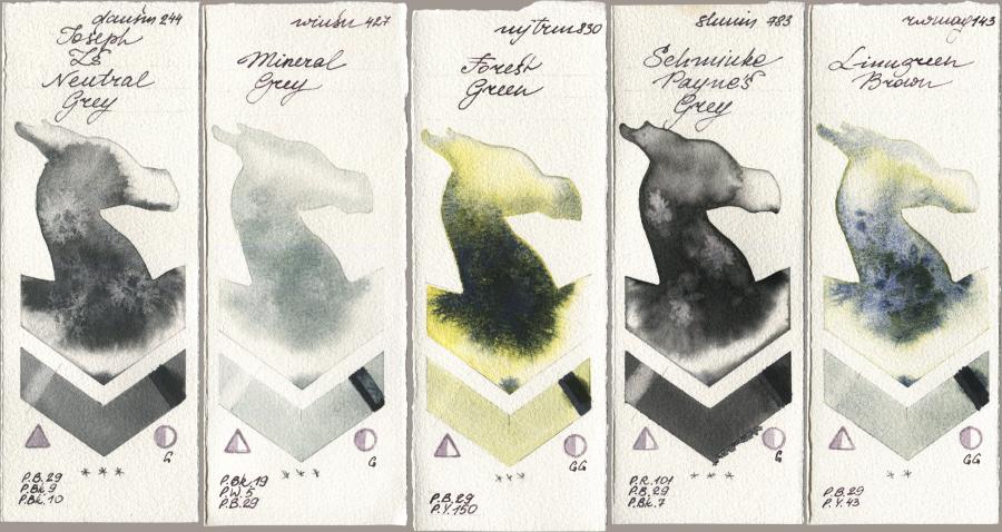 Daniel Smith 244 Joseph Zs Neutral Grey, Winsor & Newton Professional 427 Mineral Grey, Mijello Mission Gold 830 Forest Green, Shminke Horadam Aquarell 783 Schmincke Paynes Grey, Rockwell 143 Limugreen Bro watercolor swatch