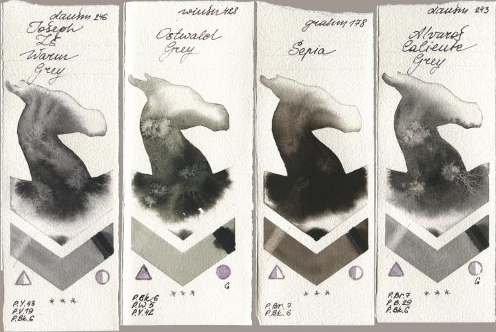 Daniel Smith 246 Joseph Zs Warm Grey, Winsor & Newton Professional 428 Ostwald Grey, M. Graham & Co. Artists 178 Sepia, 243 Alvaros Caliente Gr watercolor swatch