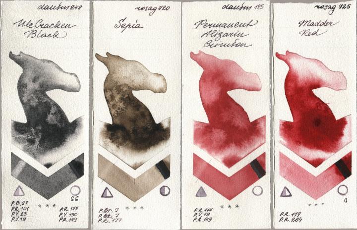 Daniel Smith 248 McCracken Black, Rosa Gallery 720 Sepia, 185 Permanent Alizarin Crimson, 725 Madder R watercolor swatch