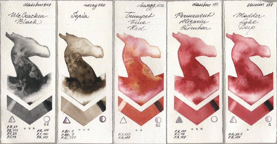 Daniel Smith 248 McCracken Black, Rosa Gallery 720 Sepia, Holbein Artists Watercolor 502 Trumpet Vine Red, 185 Permanent Alizarin Crimson, Shminke Horadam Aquarell 358 Madder Lake De watercolor swatch