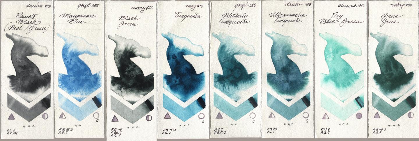 Daniel Smith 249 Janes Black (Red/Green), Golden QOR 355 Manganese Blue, Rosa Gallery 760 Black Green, 714 Turquoise, 365 Phthalo Turquoise, 105 Ultramarine Turquoise, Shminke Akademie Aquarell 914 Icy Blue-Green, 767 Azure Gre watercolor swatch