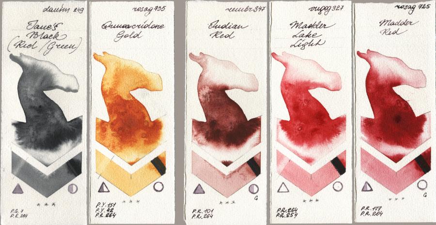Daniel Smith 249 Janes Black (Red/Green), Rosa Gallery 735 Quinacridone Gold, Royal Talens Rembrandt Watercolour 347 Indian Red, Royal Talens Van Gogh Watercolour 327 Madder Lake Light, 725 Madder R watercolor swatch
