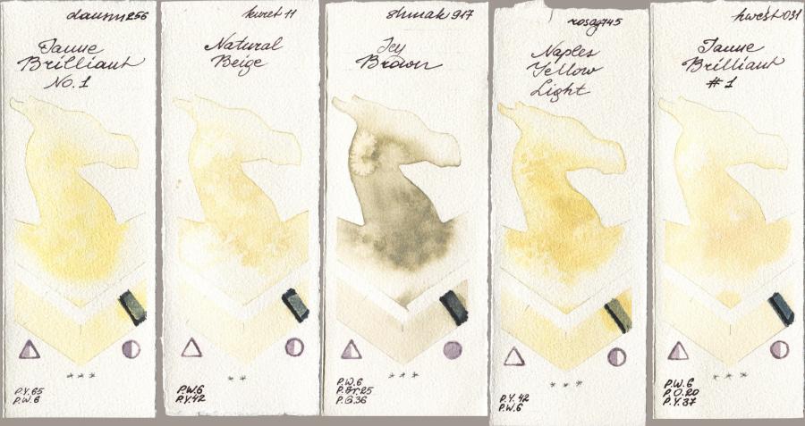 Daniel Smith 256 Jaune Brilliant No 1 vs Kuretake Gansai Tambi 011 Natural Beige vs Shminke Akademie Aquarell 917 Icy Brown vs Rosa Gallery 745 Naples Yellow Light vs Holbein Artists Watercolor 031 Jaune Brilliant No 1 watercolor swatch