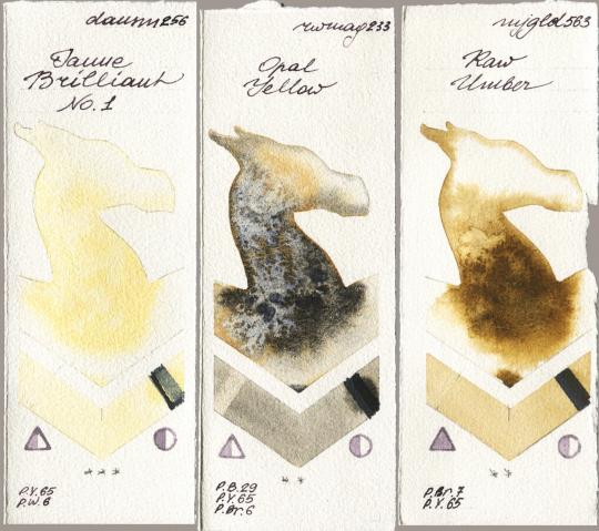 Daniel Smith 256 Jaune Brilliant No 1 vs Rockwell 233 Opal Yellow vs Mijello Mission Gold 563 Raw Umber watercolor swatch