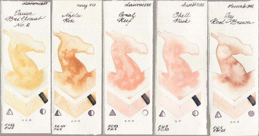 Daniel Smith 257 Jaune Brilliant No 2 vs Rosa Gallery 748 Naples Rose vs 255 Coral Reef vs Holbein Artists Watercolor 026 Shell Pink vs Shminke Akademie Aquarell 916 Icy Red-Brown watercolor swatch