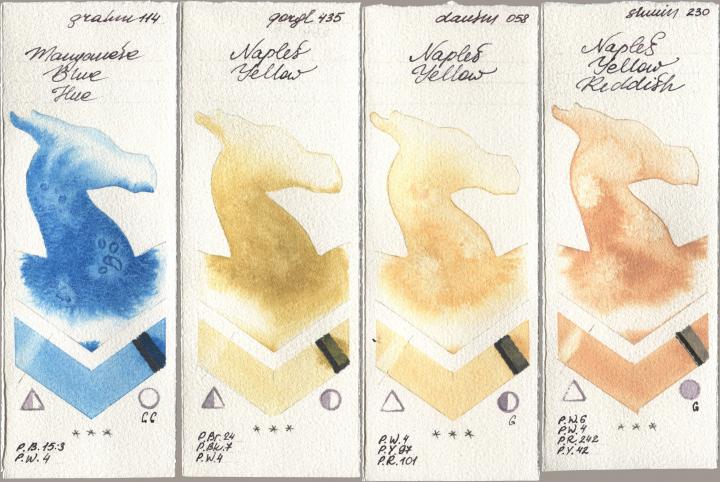 M. Graham & Co. Artists 114 Manganese Blue Hue, Golden QOR 435 Naples Yellow, Daniel Smith 058 Naples Yellow, Shminke Horadam Aquarell 230 Naples Yellow Reddi watercolor swatch