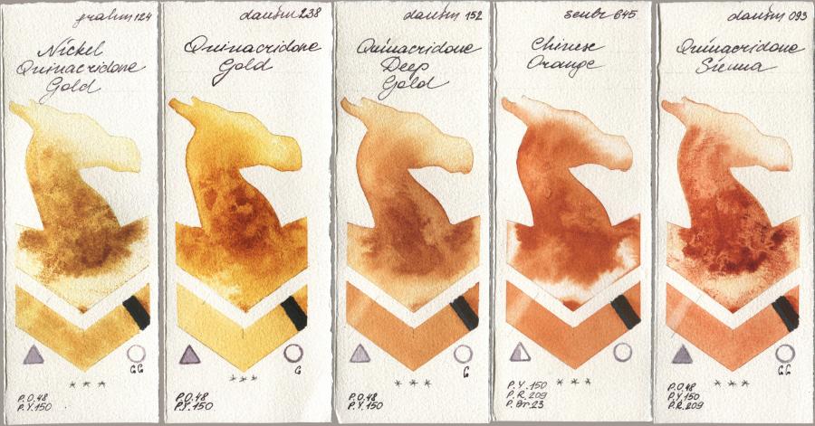 M. Graham & Co. Artists 124 Nickel Quinacridone Gold, Daniel Smith 238 Quinacridone Gold, 152 Quinacridone Deep Gold, Sennelier l Aquarelle 645 Chinese Orange, 093 Quinacridone Sien watercolor swatch