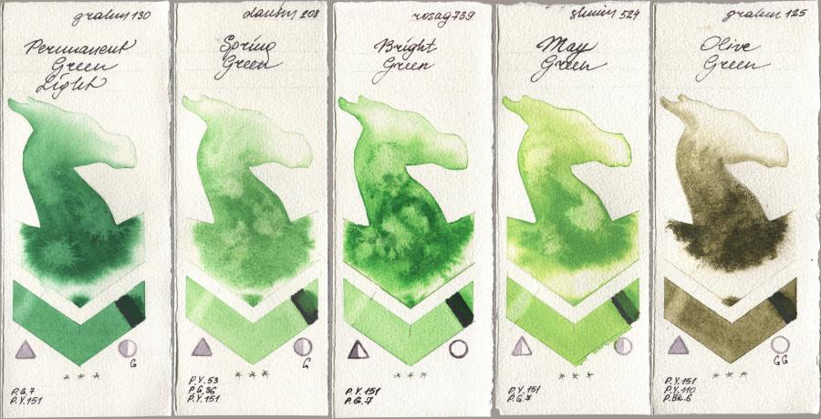 M. Graham & Co. Artists 130 Permanent Green Light, Daniel Smith 208 Spring Green, Rosa Gallery 739 Bright Green, Shminke Horadam Aquarell 524 May Green, 125 Olive Gre watercolor swatch