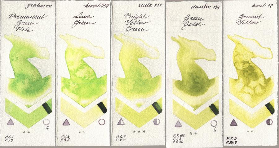 M. Graham & Co. Artists 131 Permanent Green Pale, Kuretake Gansai Tambi 059 Lime Green, Sennelier l Aquarelle 871 Bright Yellow Green, Daniel Smith 139 Green Gold, 048 Greenish Yell watercolor swatch