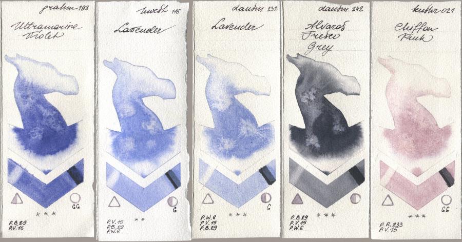 M. Graham & Co. Artists 193 Ultramarine Violet, Holbein Artists Watercolor 116 Lavender, Daniel Smith 232 Lavender, 242 Alvaros Fresco Grey, Kusakabe 021 Chiffon Pi watercolor swatch