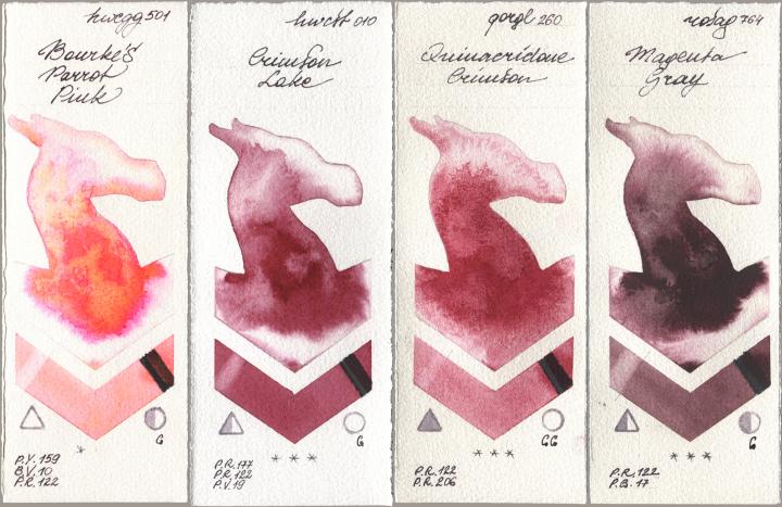 Holbein Artists Watercolor 501 Bourkes Parrot Pink, 010 Crimson Lake, Golden QOR 260 Quinacridone Crimson, Rosa Gallery 764 Magenta Gr watercolor swatch